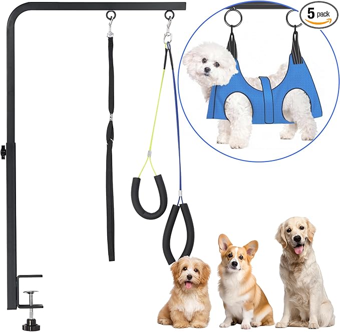 Dog Grooming Arm, Adjustable Pet Grooming Arm with Clamp for Small and Medium Dogs,Grooming Loop and No Sit Haunch Holder (Black, 29" H Arm + Heavy Duty Clamp + Hammock)