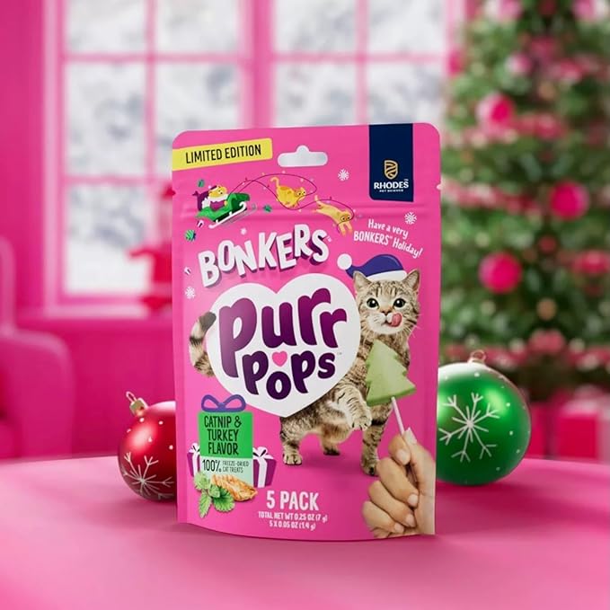 Bonkers Purrpops Christmas Themed Limited Edition Holiday Chicken Flavor Freeze-Dried Licks Cat Treats Catnip & Turkey Flavor - 5 Pack with 1 Cat Pom Pom Balls Toy