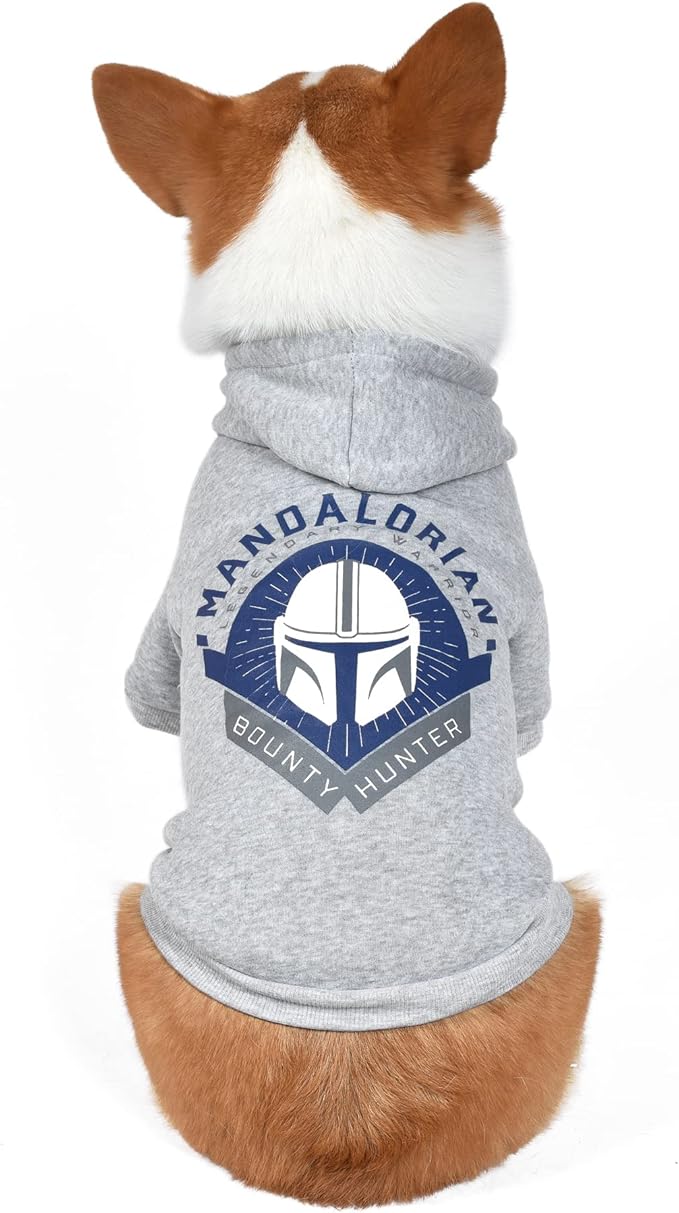 Star Wars for Pets The Mandalorian Dog Hoodie with Leash Attachment Hole, Officially Licensed Star Wars Dog Apparel, Machine Washable Polyester, Grey, Size Small