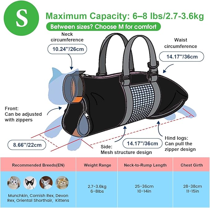 Cinf Cat Nail Clipping Cleaning Grooming Restraint Bag （Free Muzzle） No Scratching Biting for Bathing Nail Trimming Injecting Examining(Black,S)