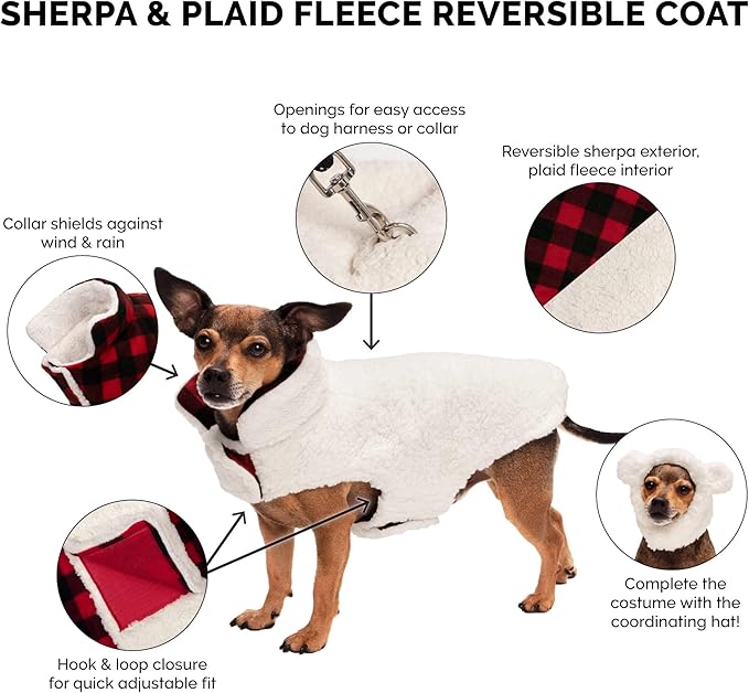 Furhaven Reversible Medium Dog Coat, Washable & Insulating w/ Leash Access - Sherpa & Plaid Fleece Flex-Fit Jacket - Cream/Red, Medium