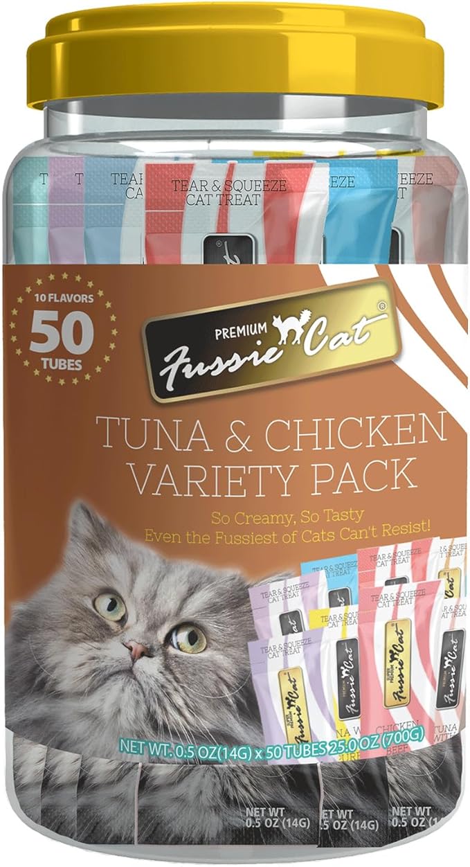 Fussie Cat, 0.5 Ounces Each, 50 Tubes, Tuna & Chicken Variety 10 Flavors