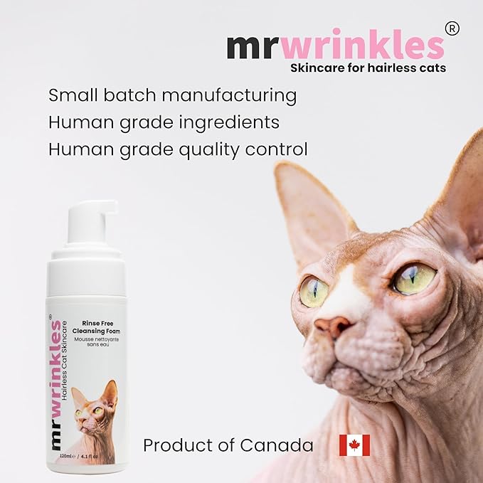 Sphynx Rinse Free Cleansing Foam - Wipe & Go Mattifying Rice Water & Honey Formulation, Natural & Lick-Safe, Shampoo Alternative for Hairless Cats, Made in Canada