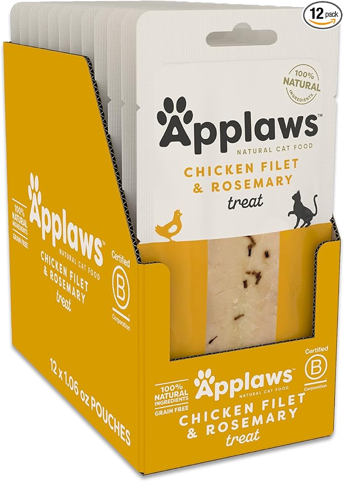 Applaws Natural Cat Treats, Grain-Free, High-Protein Whole Chicken & Rosemary Loins, Single-Ingredient Healthy Snack for Cats (12 x 1.06 oz Loins)