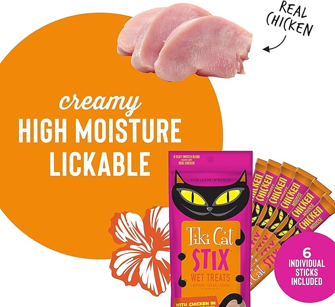 (12 Pack, 72 Stix) Tiki Pets Cat Stix Wet Treats Topper, Grain Free Lickable Smooth Blend with Chicken in Creamy Gravy with 10ct Pet Wipes
