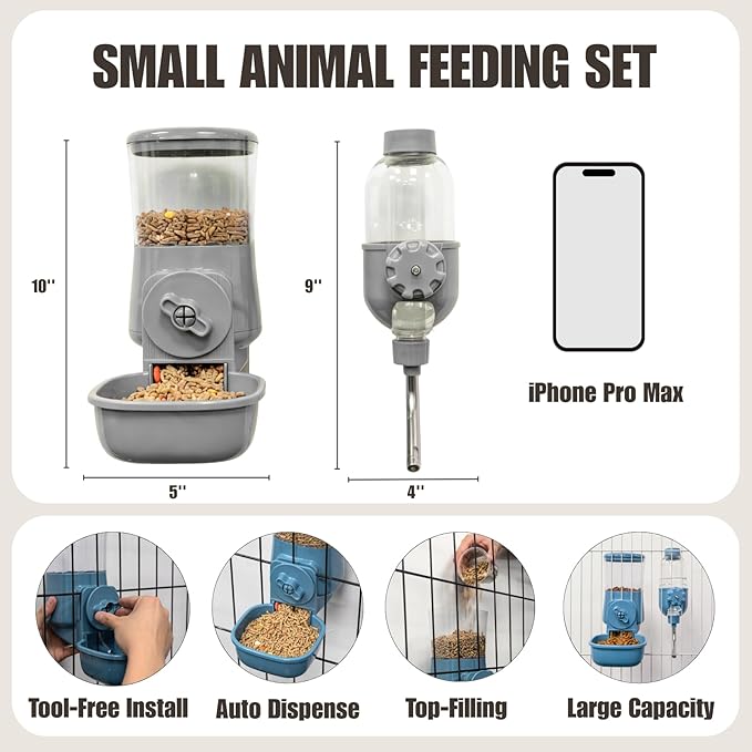 Automatic Pet Food Water Dispenser, Auto Gravity Pet Feeder Water Bottle Set for Crate Cage for Puppy Cat Rabbit Guinea Pigs Chinchilla Ferret Hedgehog (Grey)