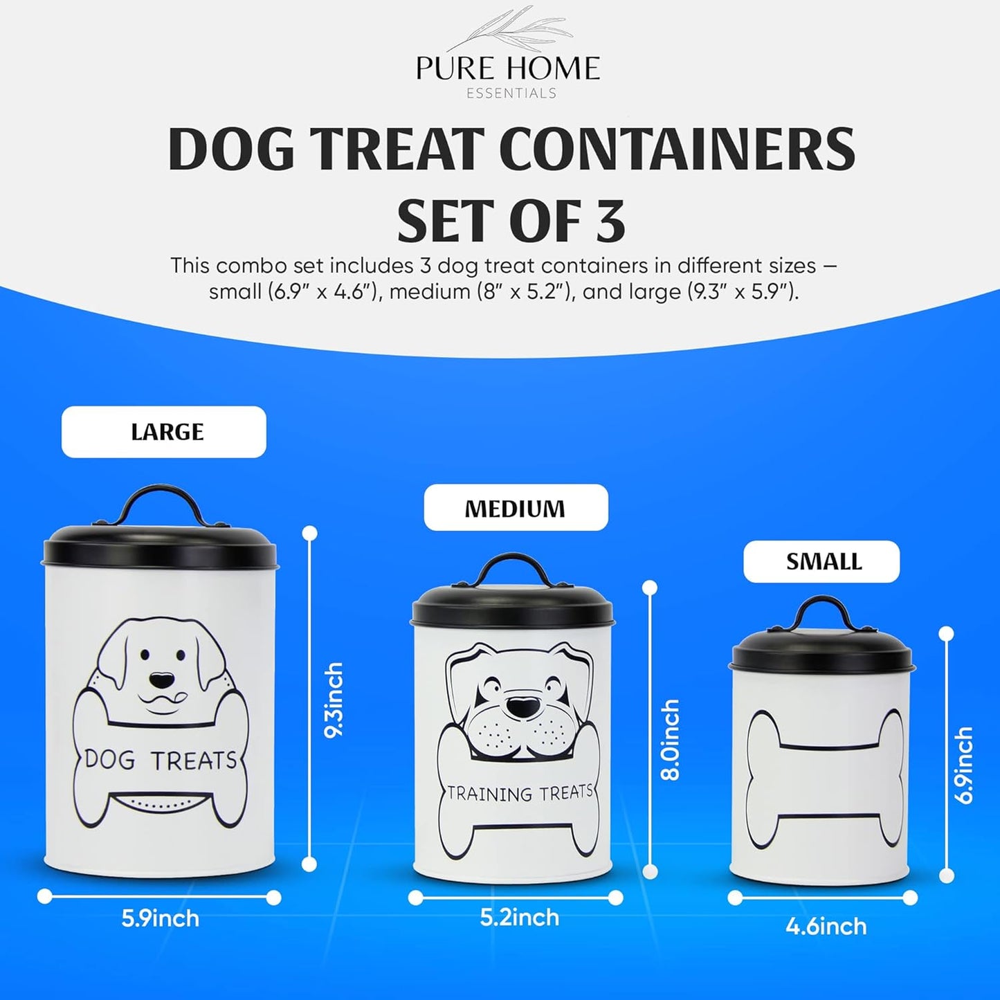 PURE HOME ESSENTIALS Metal Dog Treat Containers with Lids (Set of 3) – Customizable Chalk Labels & Chalk Included – Dog Food Storage/Dog Treat Jars for Kitchen Counter