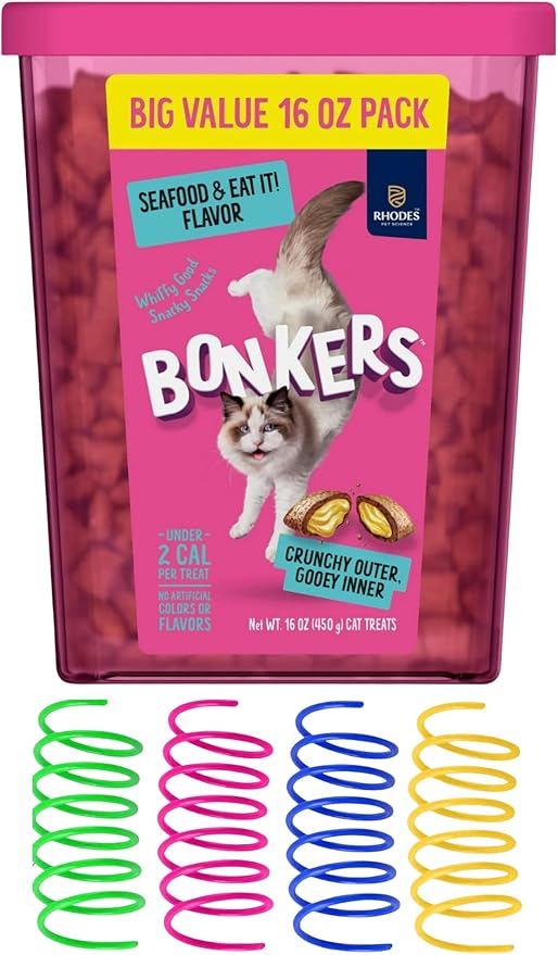 Bonkers Seafood Flavor Cat Treats with Spring Toys, Crunchy Outer Gooey Inner, 16 oz Value Pack