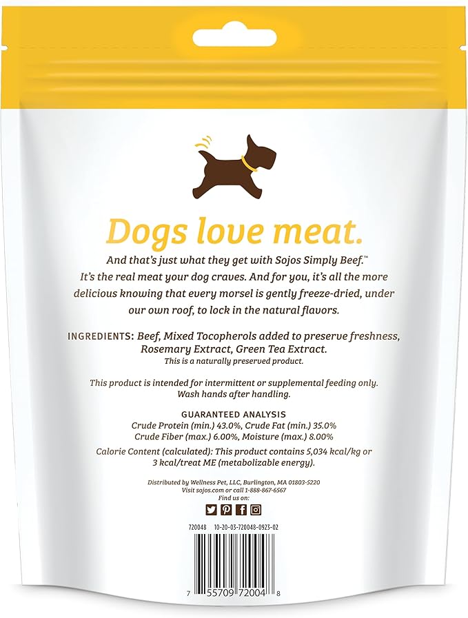 Sojos Simply Freeze Dried Dog Treats, Grain Free, Natural, Beef Recipe, 4 oz Bag