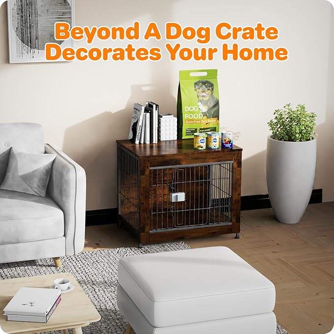Escape Proof Decorative Dog Crate Furniture with Wooden Top, 27in Furniture Style End Table and Secure Indoor Kennel, Anti Anxiety for All Breeds, Aged Black