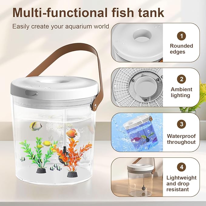 Oxygen-Injected Fish Tank, Small Fish Tank with 7 Color LED Light & Quiet Pump, Rechargeable Portable Mini Fish Tank with Lid, Travel Aquatic Pets Tank Starter Kit