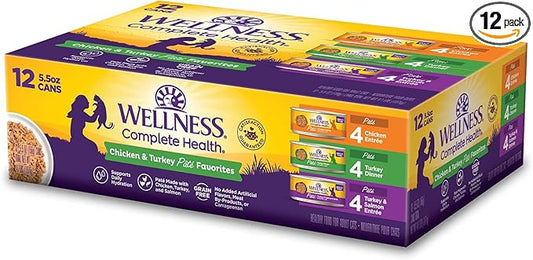 Wellness Complete Health Pate Variety Pack Adult Canned Wet Cat Food, Natural, Protein Rich, Grain Free, Chicken and Turkey Favorites, 5.5 oz, Pack of 12 Cans