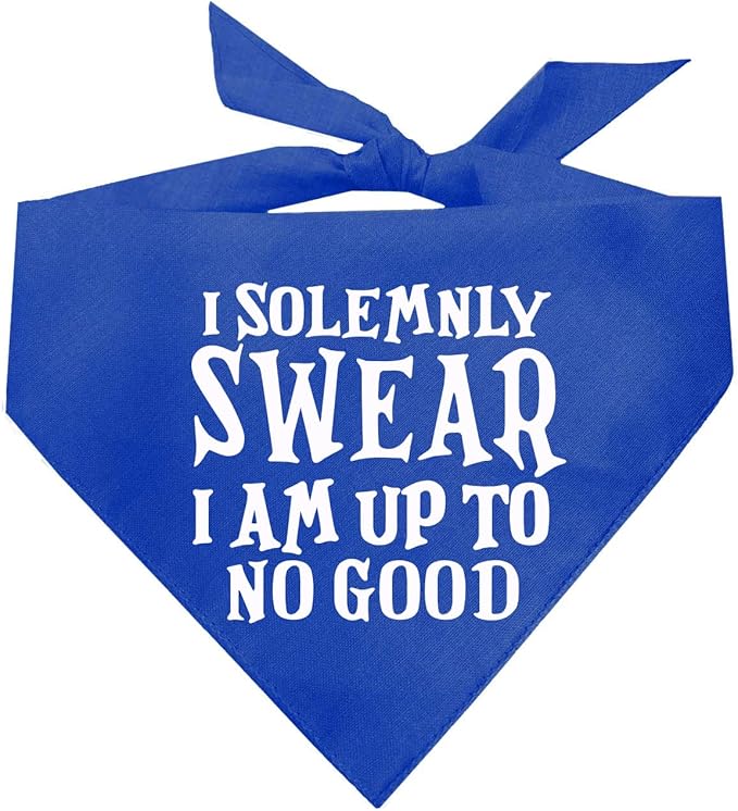 I Swear I'm Up to No Good Dog Bandana | 100% Cotton Adjustable Triangle | Made in USA | Funny Matching Costume | Mischief | Playful Quote Sayings | Royal, One Size (1101)