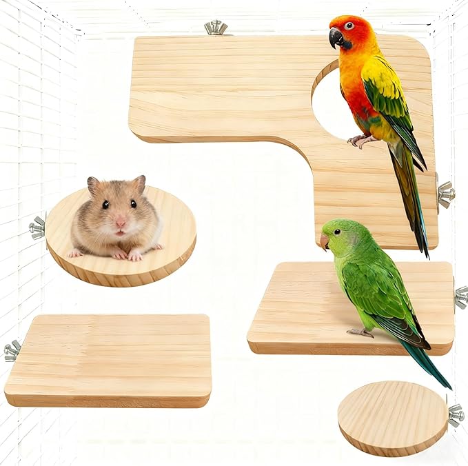 5 Pcs Wooden Hamster Cage Platform Hamster Rectangle L-Shaped Round Accessories Bird Cage with Wood Perches Stand Board for Mouse Squirrel Gerbil Guinea Pig Birds Parrots Activity Playground