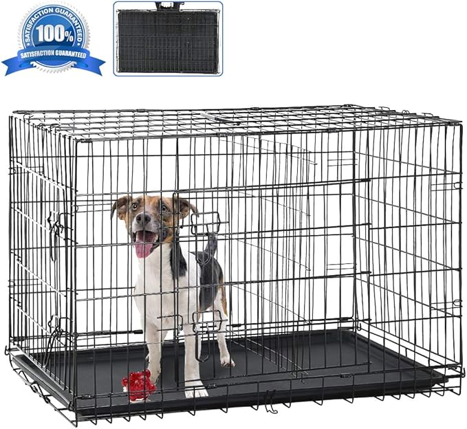 Dog Crate, Folding Portable Outdoor Large Two Door Metal Cat Dog Cage with ABS Tray LC Panel Floor Protecting Feet Wire Animal Pet Dog Kennel with Divider