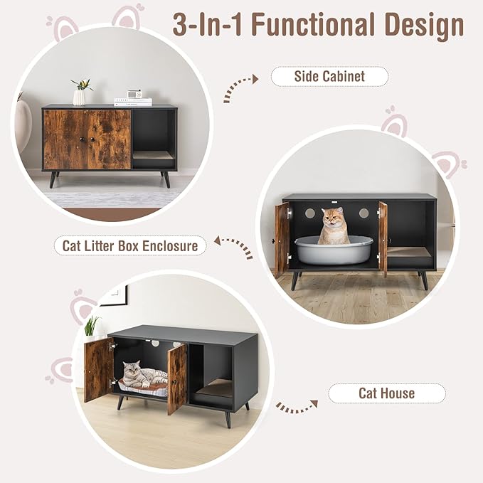 Tangkula Cat Litter Box Enclosure, Cat Washroom W/Divider, Scratching Pad, Metal Leg, Enclosed Cat Box Cabinet Pet House W/Double Doors, Litter Box Furniture Hidden for Large Cat (Rustic Brown)