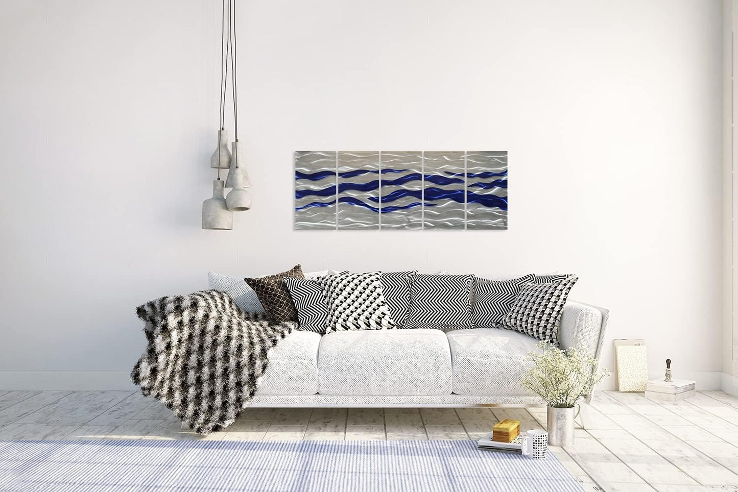 SYGALLERIER Abstract Coastal Metal Wall Art Handcrafted Big 3D Blue and Silver Artwork Modern Sea Waves Pictures Contemporary Sculpture for Living Room Bedroom Bathroom Decor