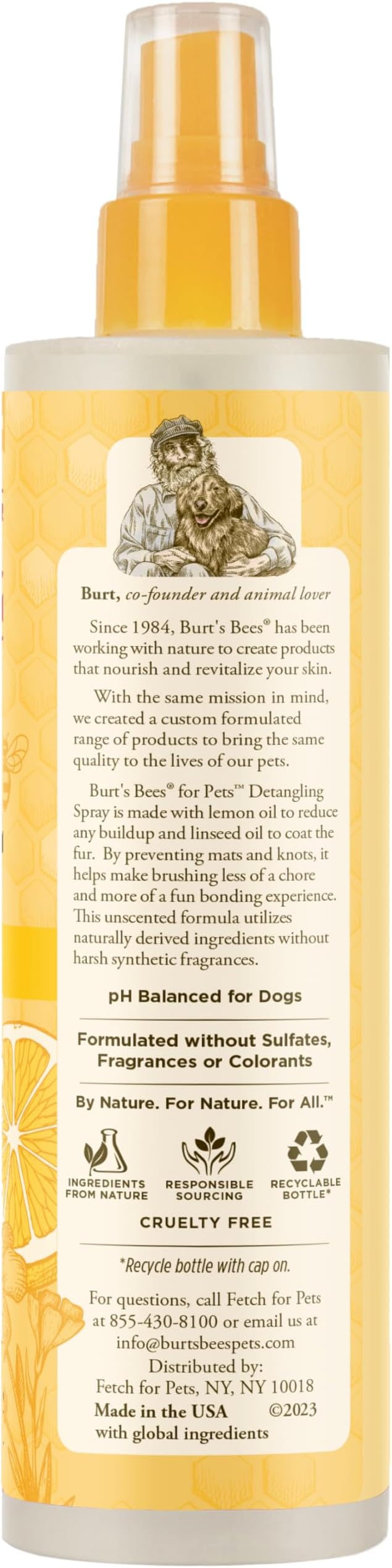 Burt's Bees for Pets Dog Detangling Spray, Natural Leave-in Coat Detangler & Dog Deodorizing Grooming Spray with Lemon, pH Balanced for Dogs, Paraben & Sulfate Free, 10 Fl Oz