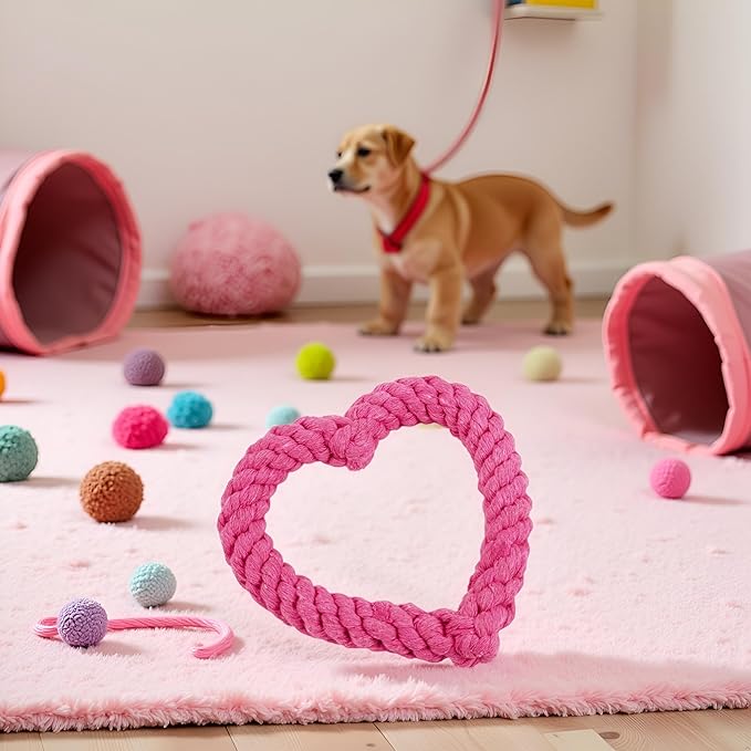 Pink Cute Dog/Cat Chew Toys, Dog Toys for Chewers, Heavy Duty Dental Dog Rope Toy for Dogs, Creative Love Heart Shaped Interactive Rope Dog Toys, Cotton Puppy Teething Chew Tug ToyPet teething toys