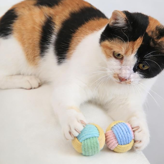 Cat Toys Balls with Bell Inside, 2-Inch Soft Interactive Chew Toys for Indoor Cats & Kittens, Colorful Rope Balls with Crinkle Sound for Chasing Play and Dental Health, 3 Pcs