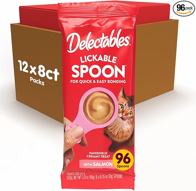 Delectables Lickable Spoon Handheld Wet Cat Treats Made with Wild-Caught Salmon, Quick & Easy Creamy Puree, Mess Free, No Added Preservatives, Salmon 96ct