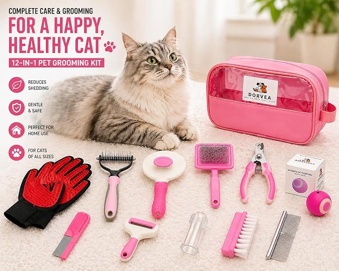 Pet Grooming Kit 12-in-1 for Dogs & Cats - Professional Deshedding Brush, Nail Clipper, Slicker Brush Flea Comb, Grooming Gloves, cat Teaser Ball Set with Storage Bag