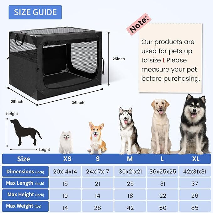 Dog Crate,36x25x25 Inch Large Dog Crate for Large or Medium Dogs, Portable and Foldable Design of Dog Cage, Perfect for Travel or Home Use, Dog Kennel with 3-Door and Durable Mesh Windows, Dark Grey