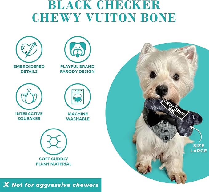 Haute Diggity Dog Chewy Vuiton Bone Plush Squeaky Dog Toy, Soft Durable Designer-Inspired Stuffed Puppy Chew Toys for Small & Medium Dogs, Machine-Washable (Black Checker) Large