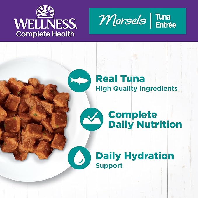 Wellness Complete Health Morsels Adult Canned Wet Cat Food, Natural, Protein Rich, Grain Free, Tuna Entrée Recipe, 5.5 oz, Pack of 24 Cans