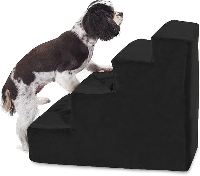 Majestic Pet 4 Step Portable Dog Stairs for Small Dogs to get on Bed Supports 25 lbs or Less – Dog Steps for High Bed with Machine Washable Cover – Pet Stairs for Cats Suede Black