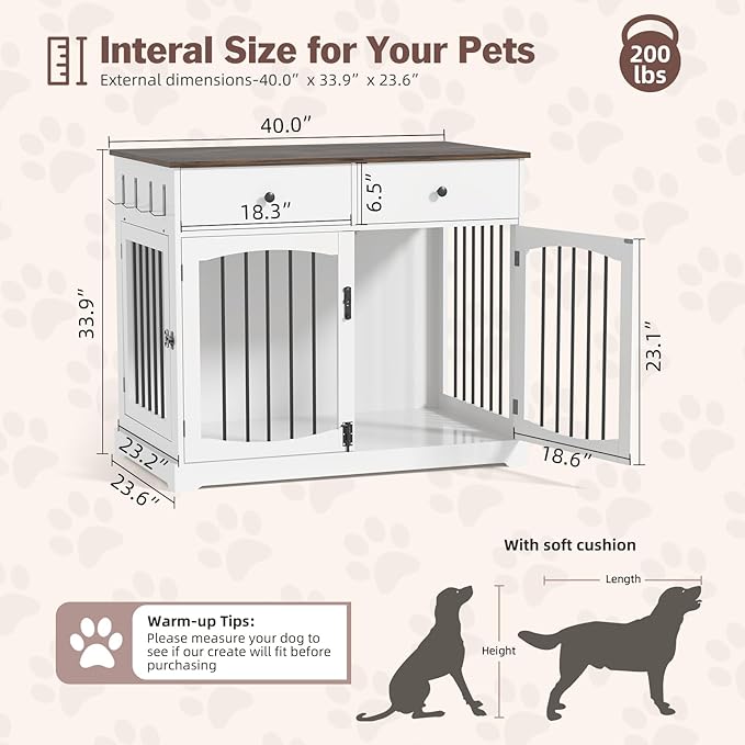 Kucreiheat 40'' Wooden Dog Crate Furniture–Farmhouse Dog Kenel-Multi Purpose Pet House with Double Doors, 2 Drawers, for Small, Medium & Large Dogs–White & Brown Finish
