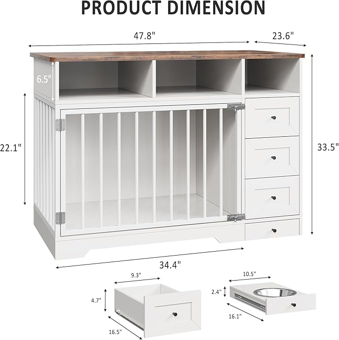 GarveeLife 48'' Dog Crate Furniture, Farmhouse Heavy Duty Dog Kennel with Bowl & Storage Drawers, Medium Dog Cage End Table for Small Medium Dogs, White