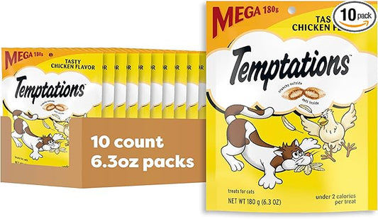 Temptations Cat Treats Classic Crunchy and Soft Cat Treats, Tasty Chicken Flavor, 6.3 oz. Pouch (Pack of 10)