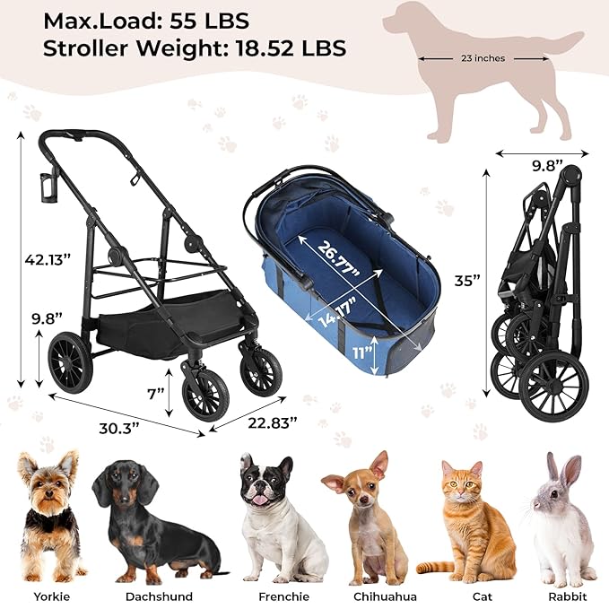 MAMIZO Pet Stroller for Medium Dogs Cats Up to 55 lbs, All-Terrain 3-in-1 Dog Stroller with Detachable Carrier, Rubber Wheels, One-Click Folding, Storage Basket & Cup Holder, for Senior Dogs & Cats
