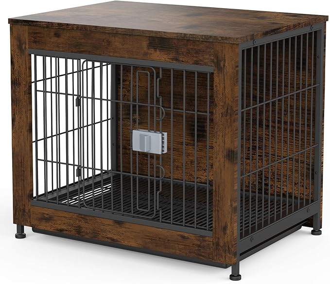 Dog Crate Furniture, Wooden Dog Crate 27in, Decorative Cage with End Table for Dog Indoor Kennel, High Anxiety Dog, Escape-Proof Locks for All Breeds