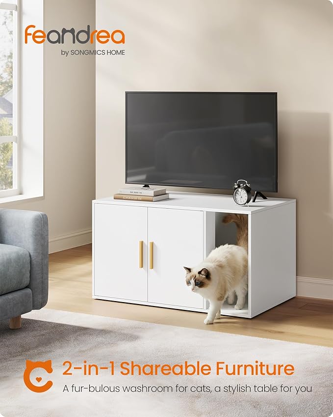 Feandrea Cat Litter Box Enclosure, Modern Hidden Litter Box Furniture, Front Entry, Double Doors, Indoor Pet House, Living Room Side End Table, 31.5 x 19.7 x 17.7 Inches, Cloud White UPCL020WB01S