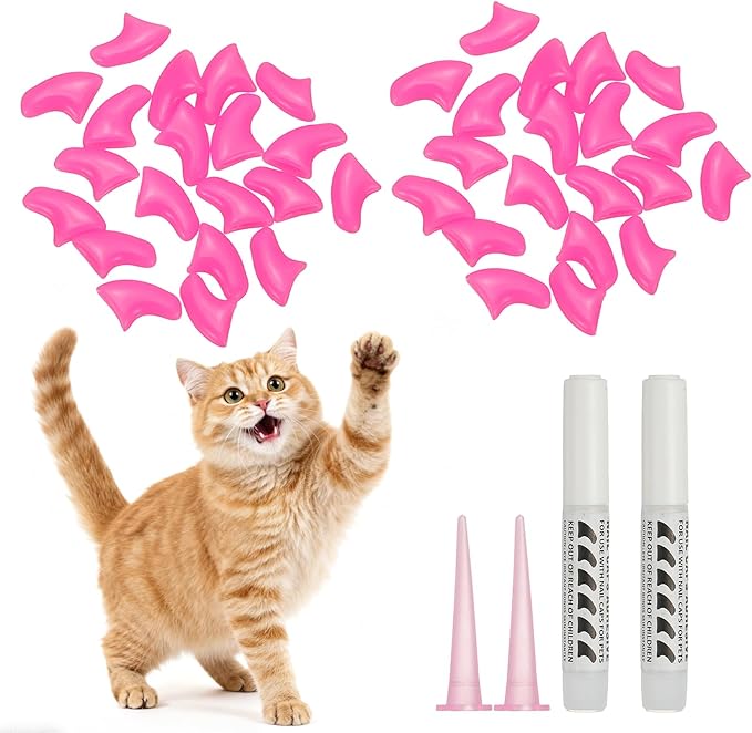 Cat Nail Caps, Cat Claw Covers with Adhesive Glue and Applicators, Kitten Claw Caps Soft Paws, (40 Pcs, XS, Rose Red), Intended for Pet Tips/Nail Covers/Control Paws