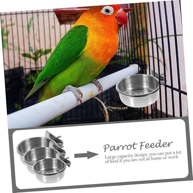 POPETPOP 3pcs Stainless Steel Bird Feeding Cups for Parrots Washable Hanging Food and Water Basins for Bird Cages Pet Supplies Easy Installation