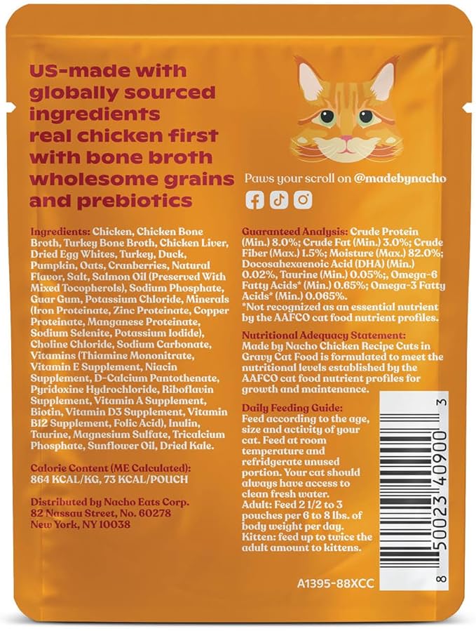 Made by Nacho Wet Cat Food, Cuts in Gravy, Limited Ingredients, Cage-Free Chicken Recipe with Bone Broth for Extra Hydration, (12) 3 oz. Pouches, Limited Ingredients