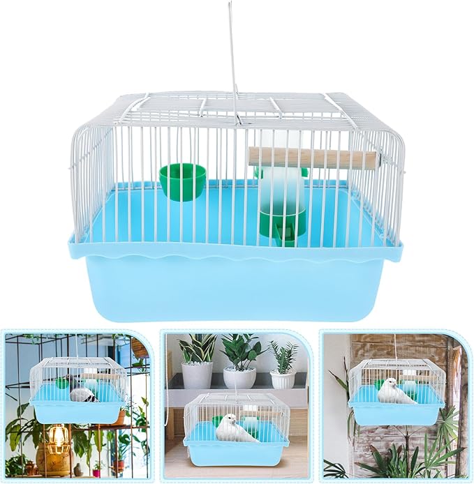 BESPORTBLE Portable Small Metal Parrot Bird Cage with Wood Perch, Food Box, and Water Dispenser, Travel Carrier for Parakeets and Lovebirds, Blue Mini Bird Cage for Outdoor Use
