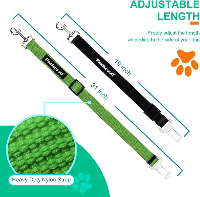 2 PCS Dog Seat Belt for Car Frskcssd Adjustable Dog Car Harness Heavy Duty Nylon Dogs Safety Seat Belt (Black+Green)