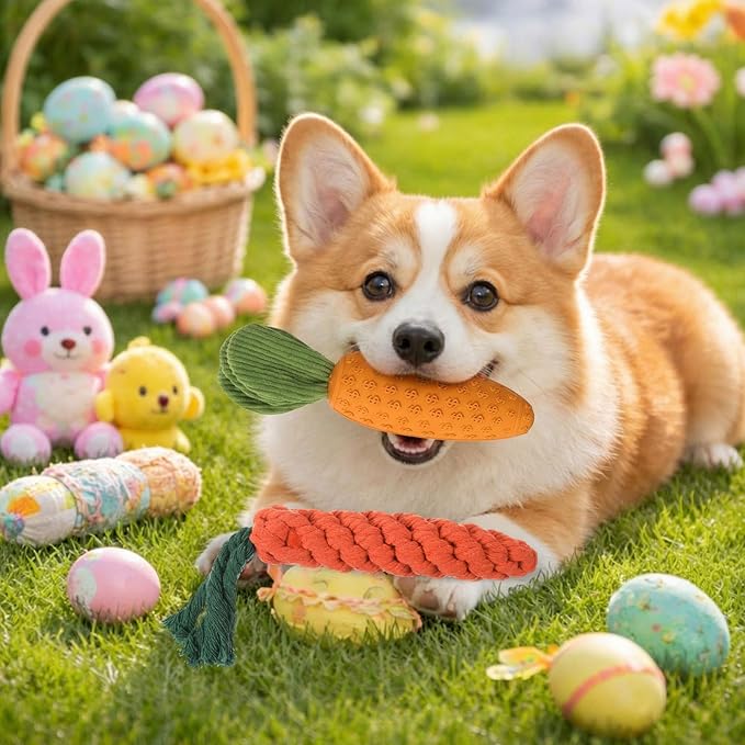 3pcs Easter Carrot Dog Toys Set, Includes Rope, Rubber, Plush Dog Chew Toys for Dogs, Cats, and Pets, for Training and Interactive
