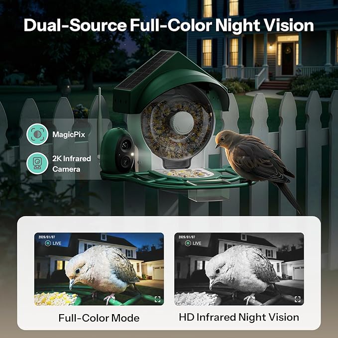 Smart Bird Feeder with Camera - 2K HD Smart Bird Feeder, Solar Powered Outdoor Birdhouse with AI Bird Identification for Backyard Birding & Wildlife Bird Watching, Gift for BirdLover (Green)
