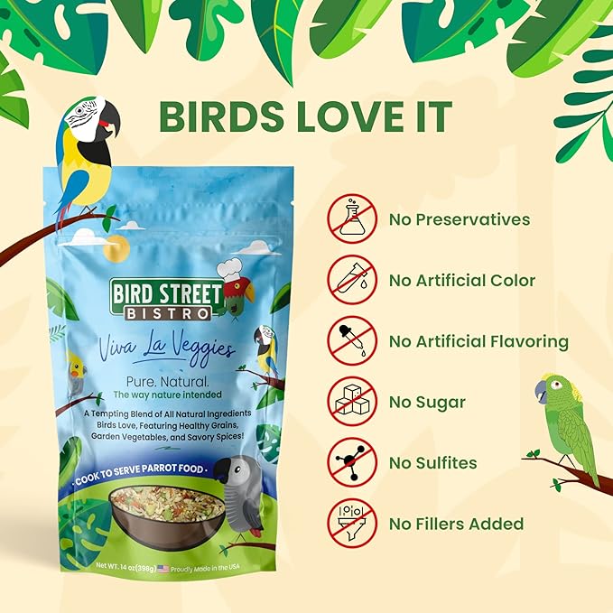 Bird Street Bistro Parrot Food - Parakeet & Cockatiel Food - Cooks in 3-15 min with Natural Wholesome Grains, Legumes, Non-GMO Fruits, Vegetables & Health Spices