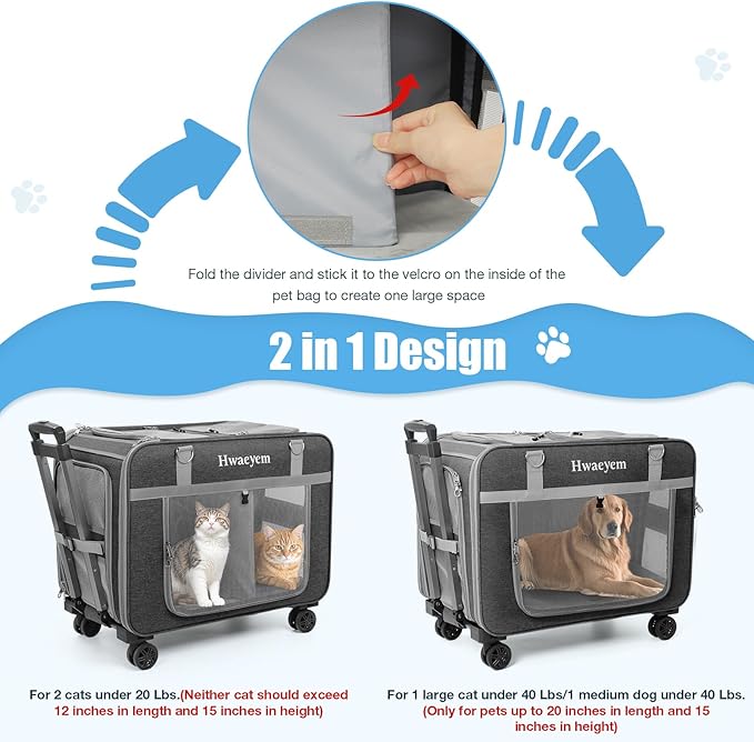 Rolling Cat Carrier for 2 Cats, 24" Large Capacity Pet Carrier with Wheels for Pets up to 40 lbs, Double Compartment Dog Travel Bag with Removable Divider & Telescopic Handle, Foldable(Gray, 24inch)