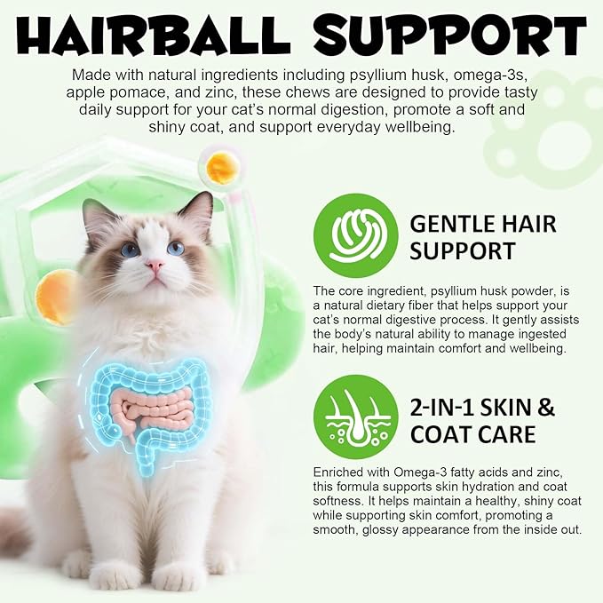 Cat Hairball Support Crunchy & Creamy Chews,Omega 3 & Zinc for Healthy Skin & Coat, Tasty Chicken Flavor,Supports Skin & Coat, Digestion,30-Day Supply