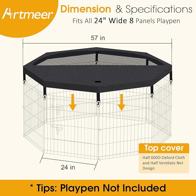 Dog Playpen Regular Octagon Metal Exercise Pet Playpen 8 Panels 24 Inch Mesh Top Cover for Small Medium Pets Indoor Outdoor(Only Cover,Playpen Not Included)(Black Top Cover)