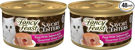 Fancy Feast Purina Savory Centers with Salmon Wet Cat Food Pate with Gourmet Gravy Center - 3 oz. Cans,(Pack of 48)