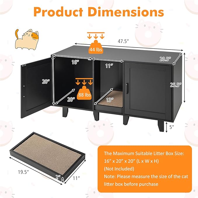 Giantex Cat Litter Box Enclosure - Cat Washroom Hidden Furniture with 2 Storage Cabinets, Removable Cat Scratcher, Air Vents, Detachable Legs, Wooden Pet Crate Indoor Cat House TV Stand (Black)