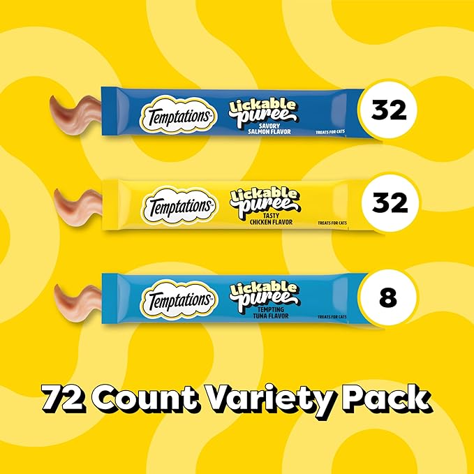 Temptations Creamy Puree Squeezable Lickable Wet Cat Treat Variety Pack, 0.42 oz. Tubes, 72 Count